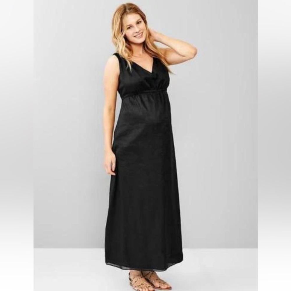 Gap Maternity Ramie Cotton Grecian V Neck Maxi Dress Black Size 6